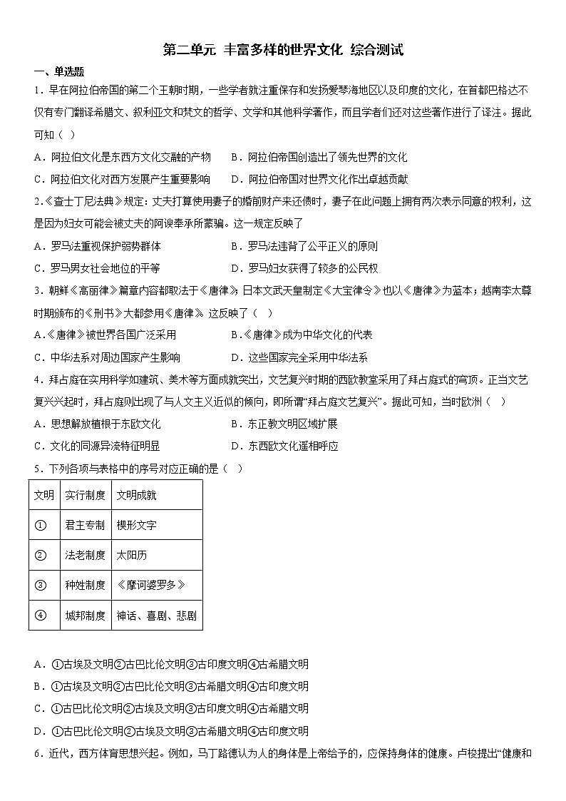 第二单元 丰富多样的世界文化 综合测试--2022-2023学年高中历史统编版（2019）选择性必修三01
