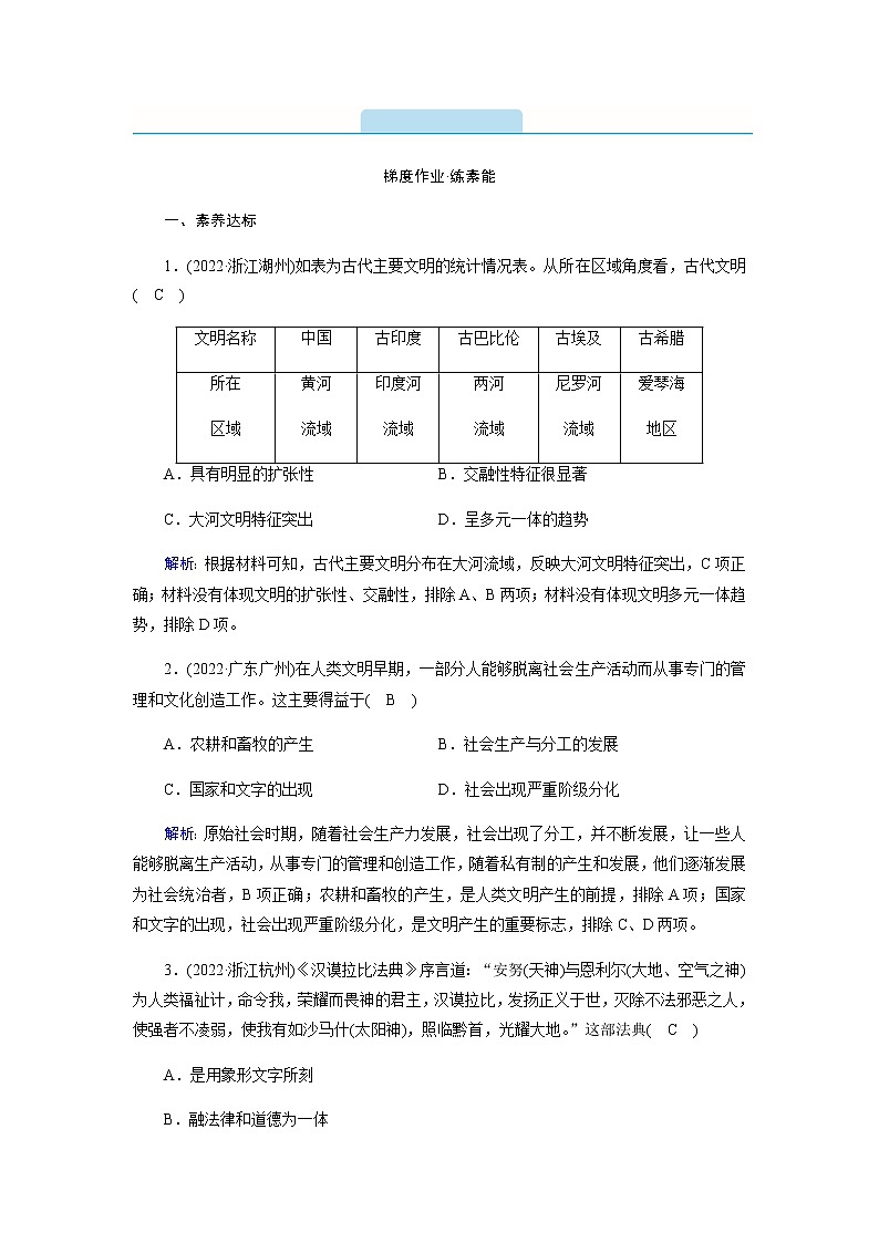 部编版高中历史必修《中外历史纲要》下第1课文明的产生与早期发展作业含答案01