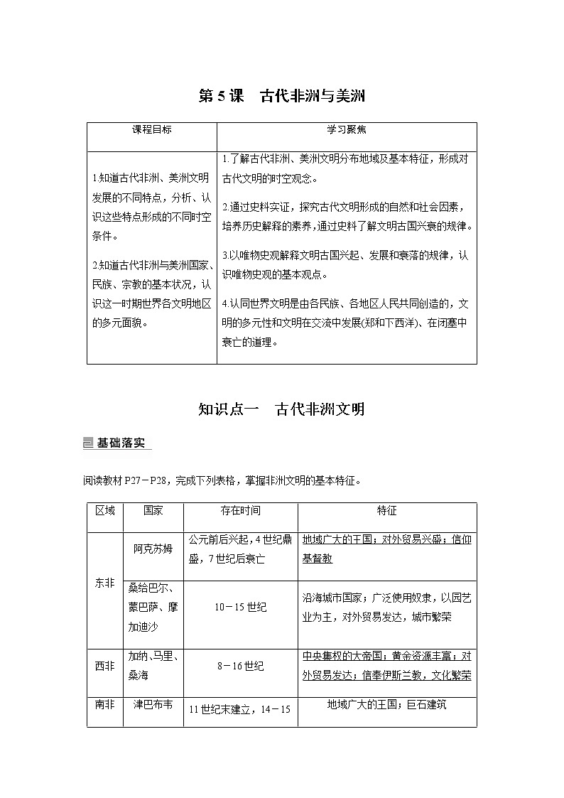 部编版高中历史必修《中外历史纲要》下第二单元第5课古代非洲与美洲学案01