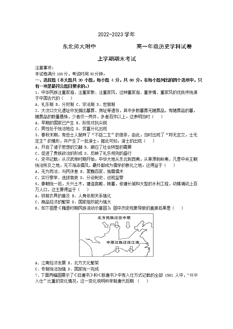 吉林省长春市东北师范大学附属中学2022-2023学年高一上学期期末历史试题第1页