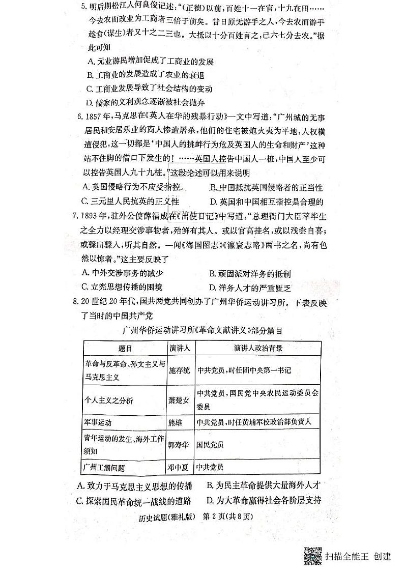 湖南省长沙市雅礼中学2022-2023学年高三下学期月考（六）历史试题02