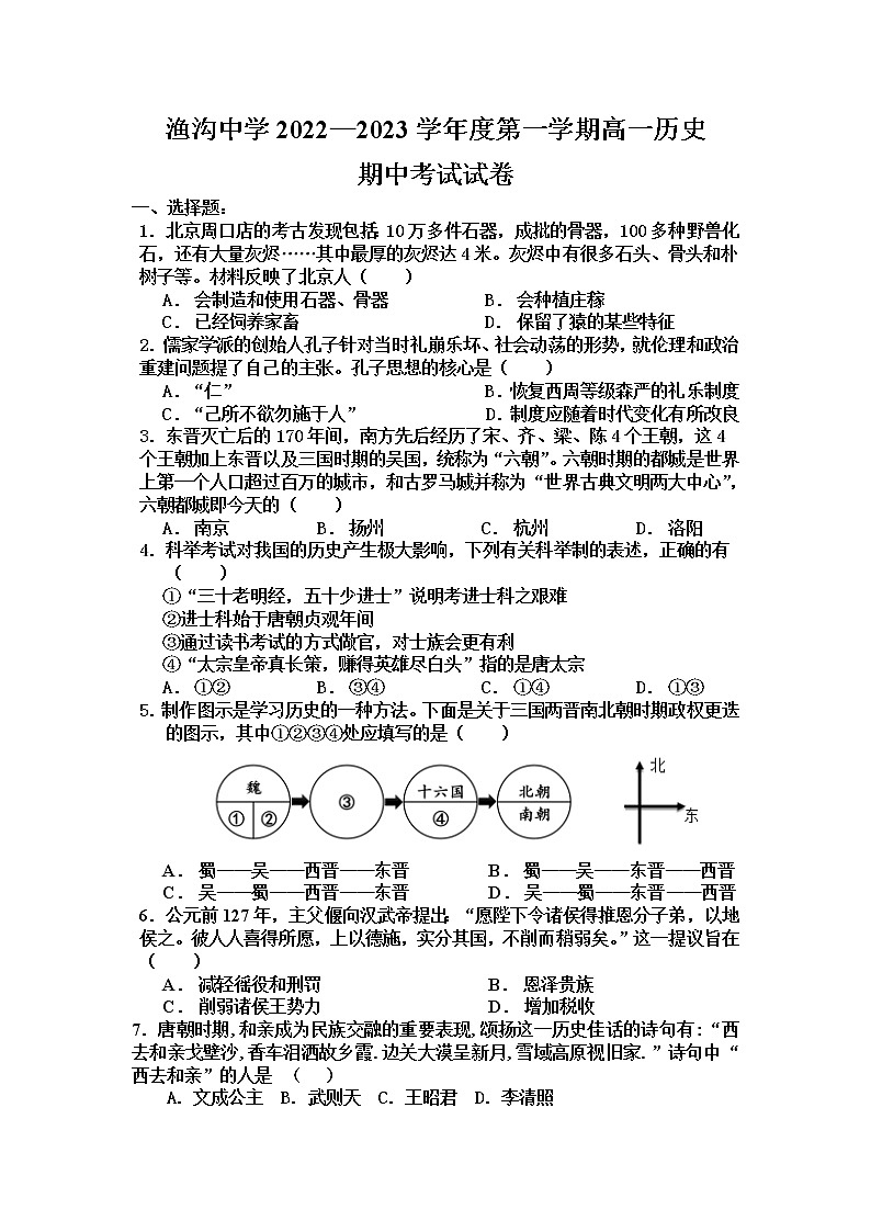 安徽省宿州市灵璧县渔沟中学2022-2023学年高一上学期期中考试历史试题01