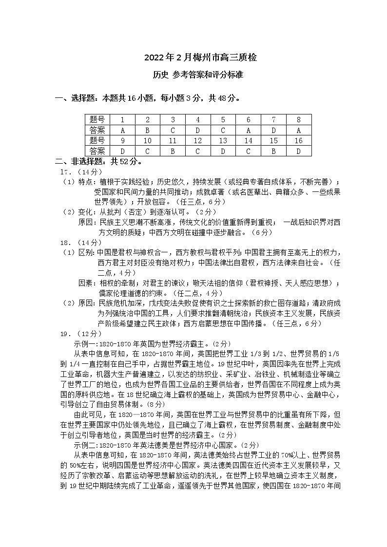 2022梅州一检历史答案第1页