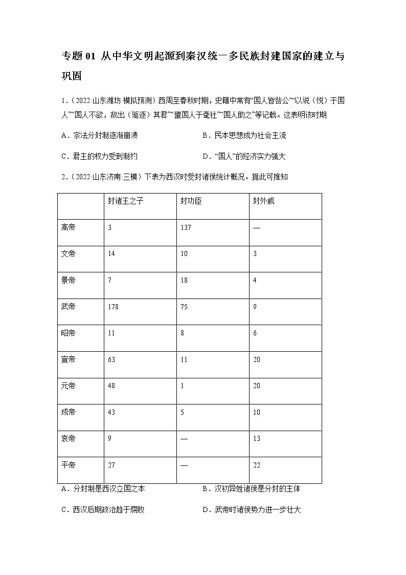 专题01 从中华文明起源到秦汉统一多民族封建国家的建立与巩固-备战2023年山东省新高考历史一轮复习模拟精编（中外历史纲要上）01