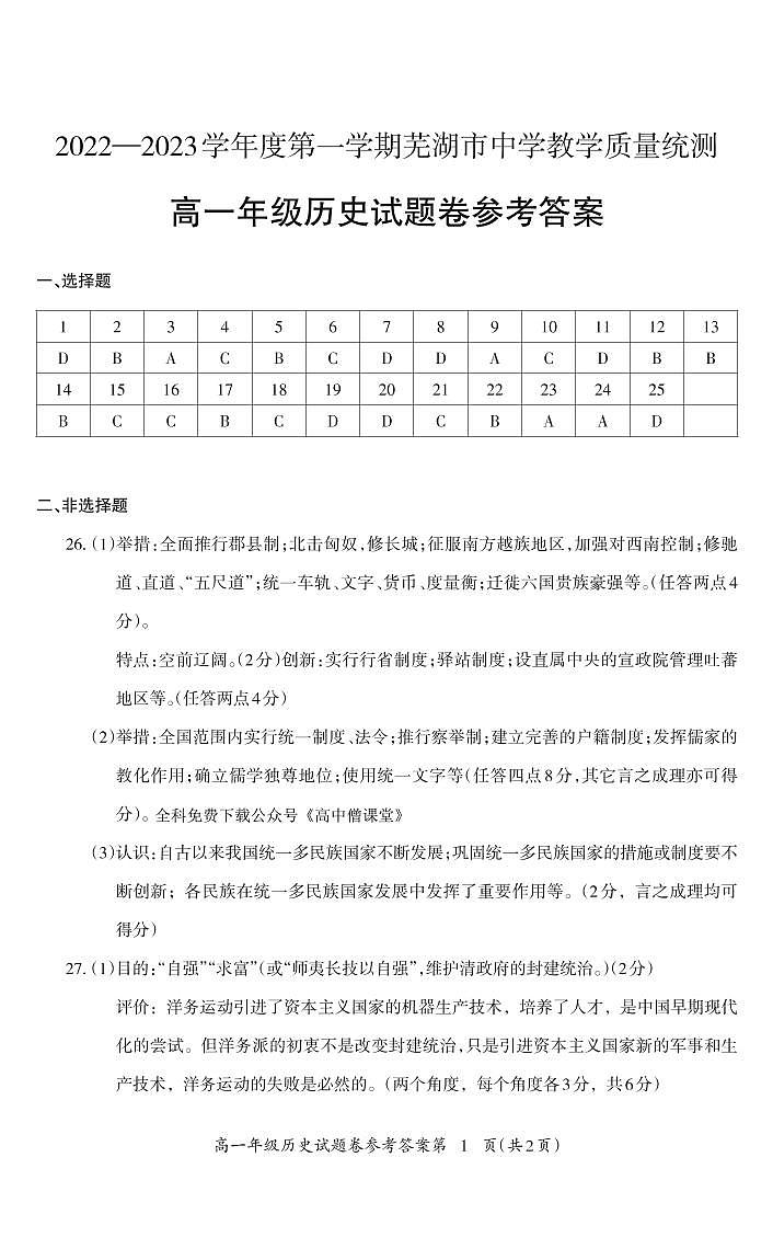 2023芜湖高一上学期期末教学质量统测历史试题PDF版含答案01