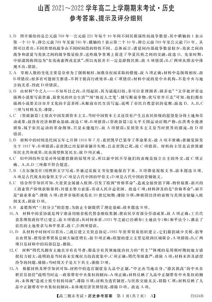 2021-2022学年山西省名校联考高二上学期期末考试历史试题PDF版含答案01