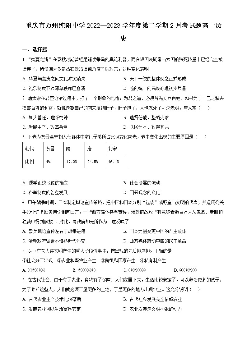 重庆市万州纯阳中学2022-2023学年高一下学期2月月考历史试题无答案第1页