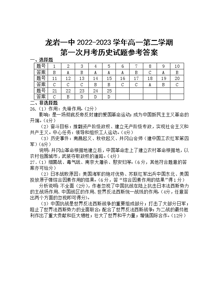 高一历史月考试题参考答案第1页