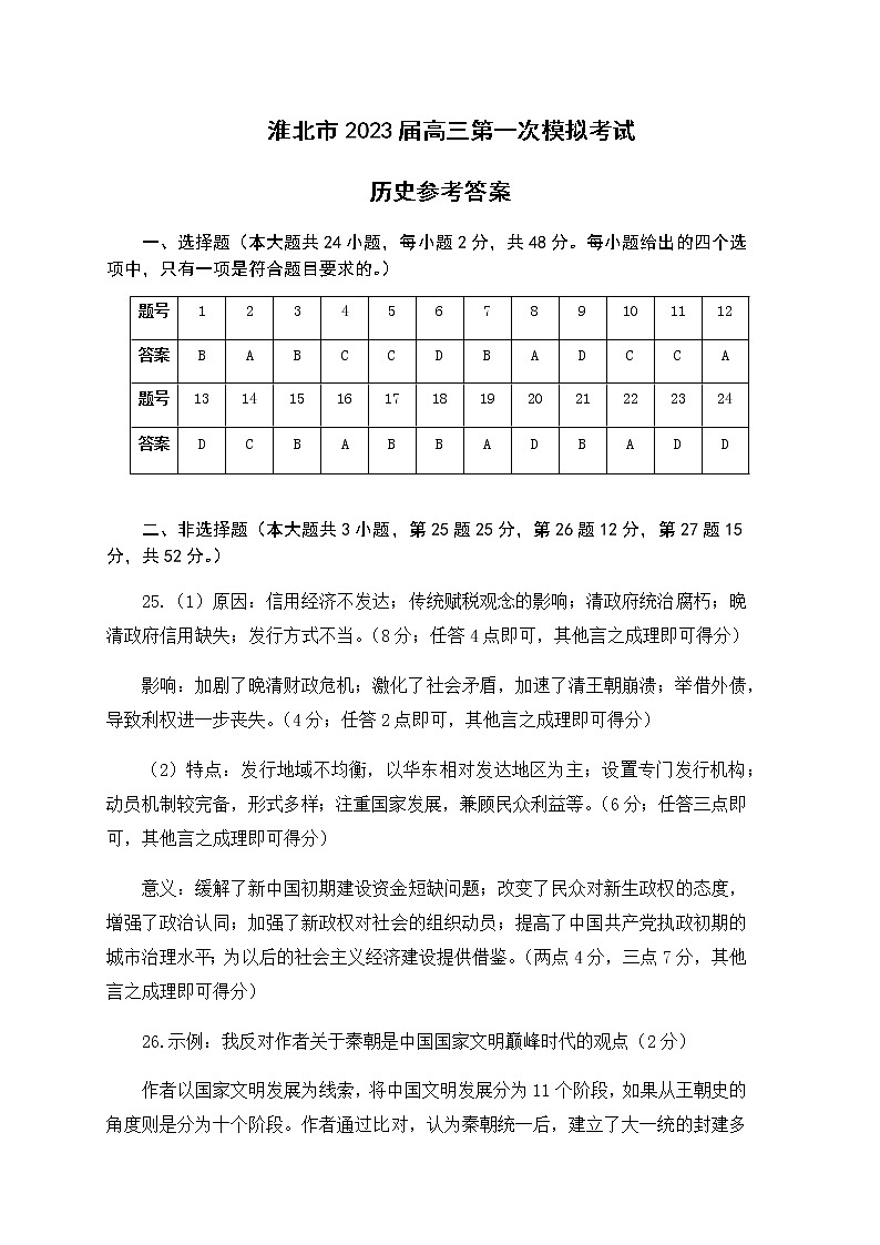 2023届安徽省淮北市高三下学期一模试题（2月）历史Word版含答案01