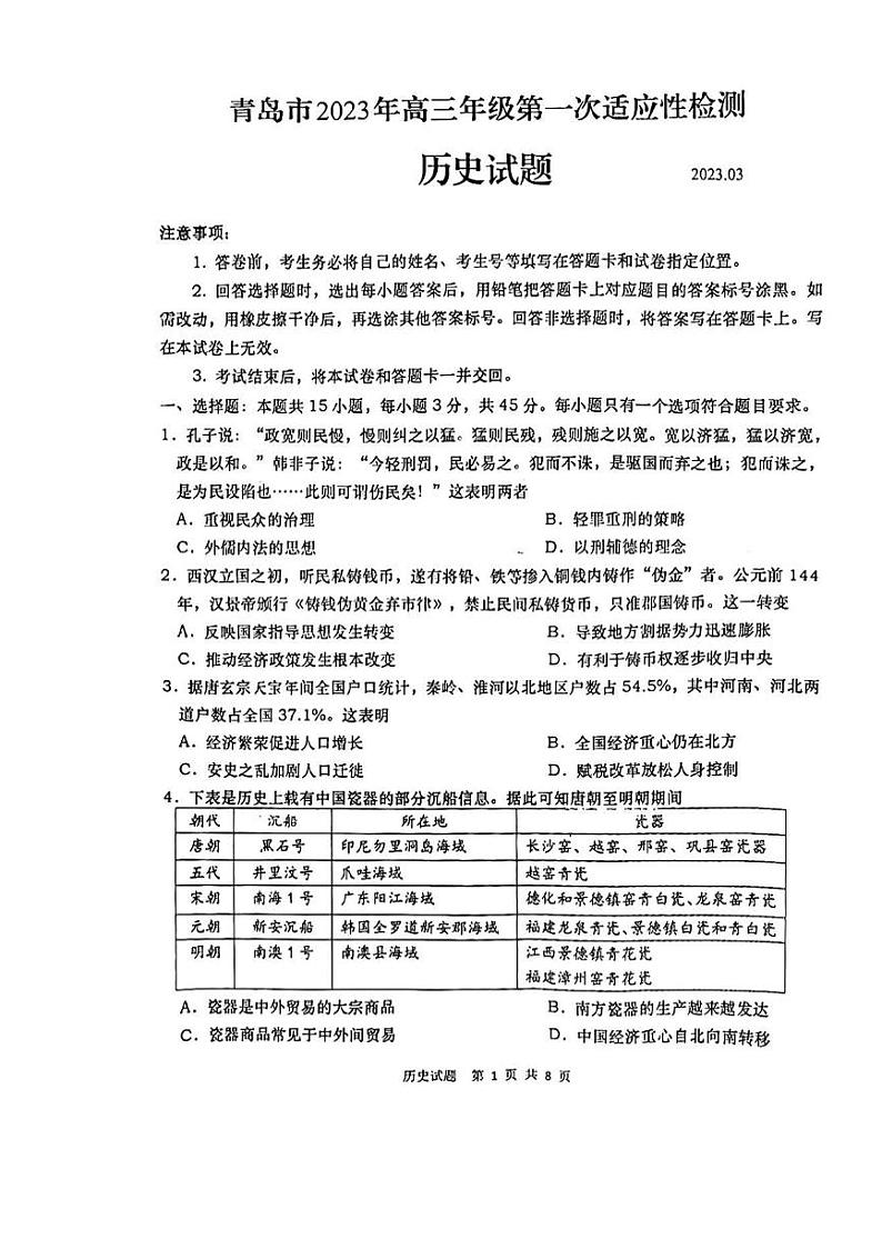 2023届山东省青岛市高三一模历史试题及答案01