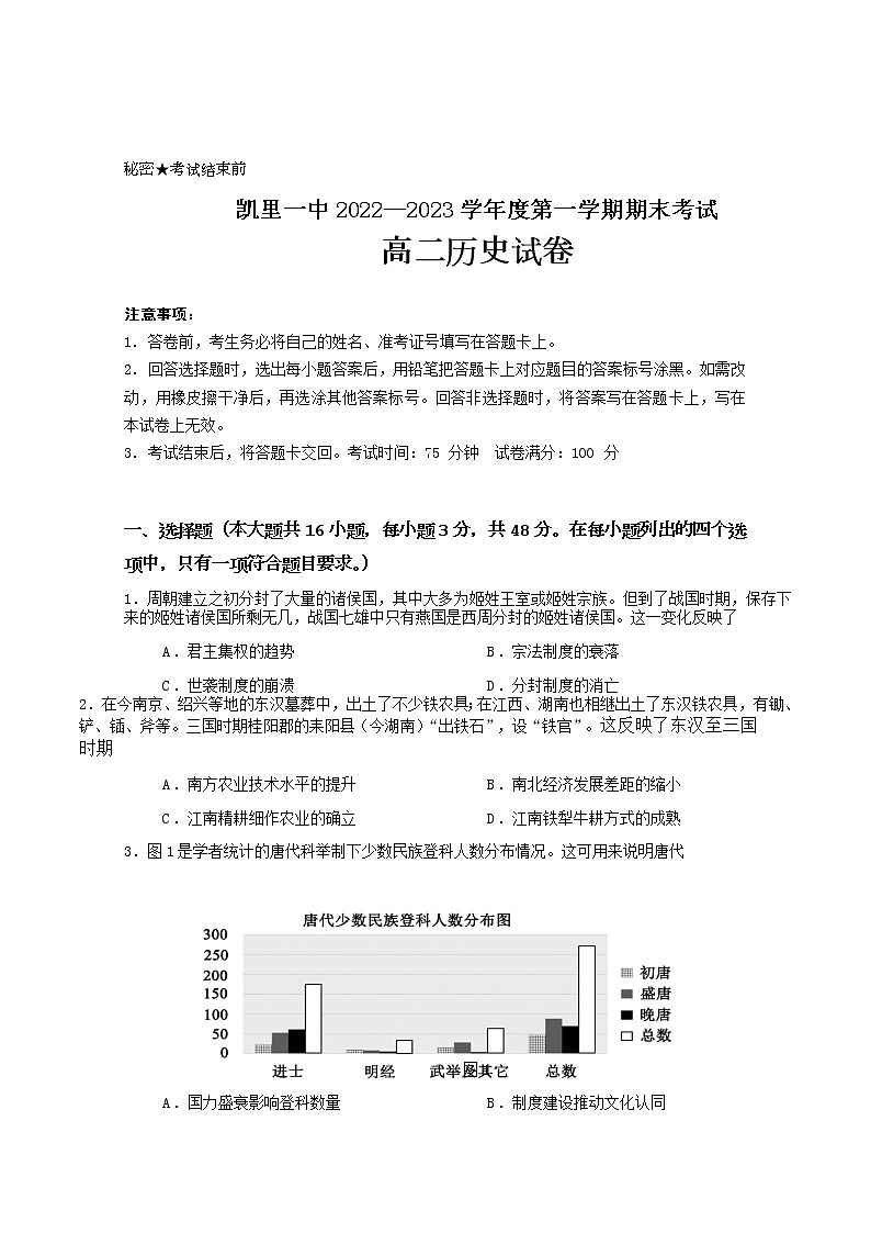 2022-2023学年贵州省凯里市第一中学高二上学期期末历史试题含答案01
