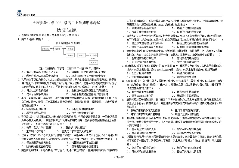 黑龙江省大庆实验中学2022-2023学年高二上学期期末考试历史试题01
