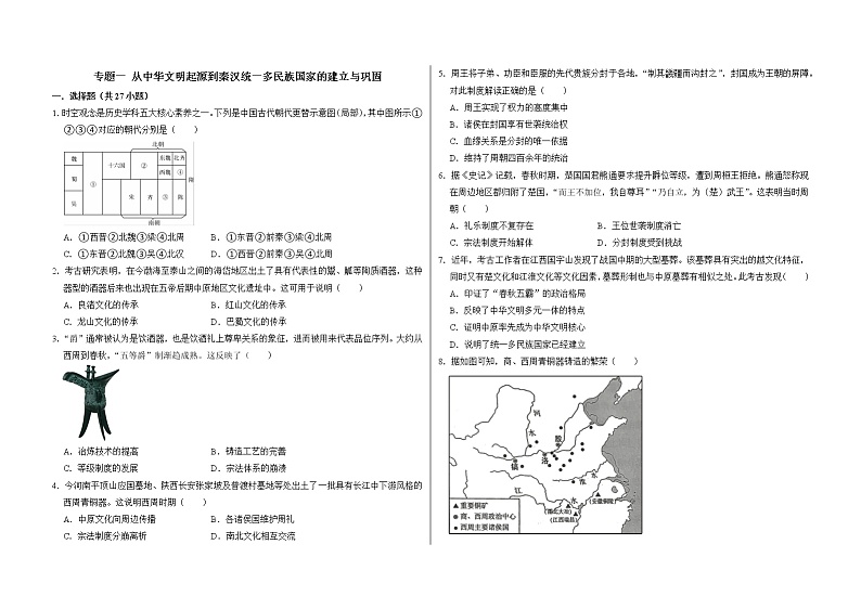 专题一 从中华文明起源到秦汉统一多民族国家的建立与巩固——【备考2023】高考历史真题+模拟题分类汇编（中外历史纲要上）（原卷版+解析版）01