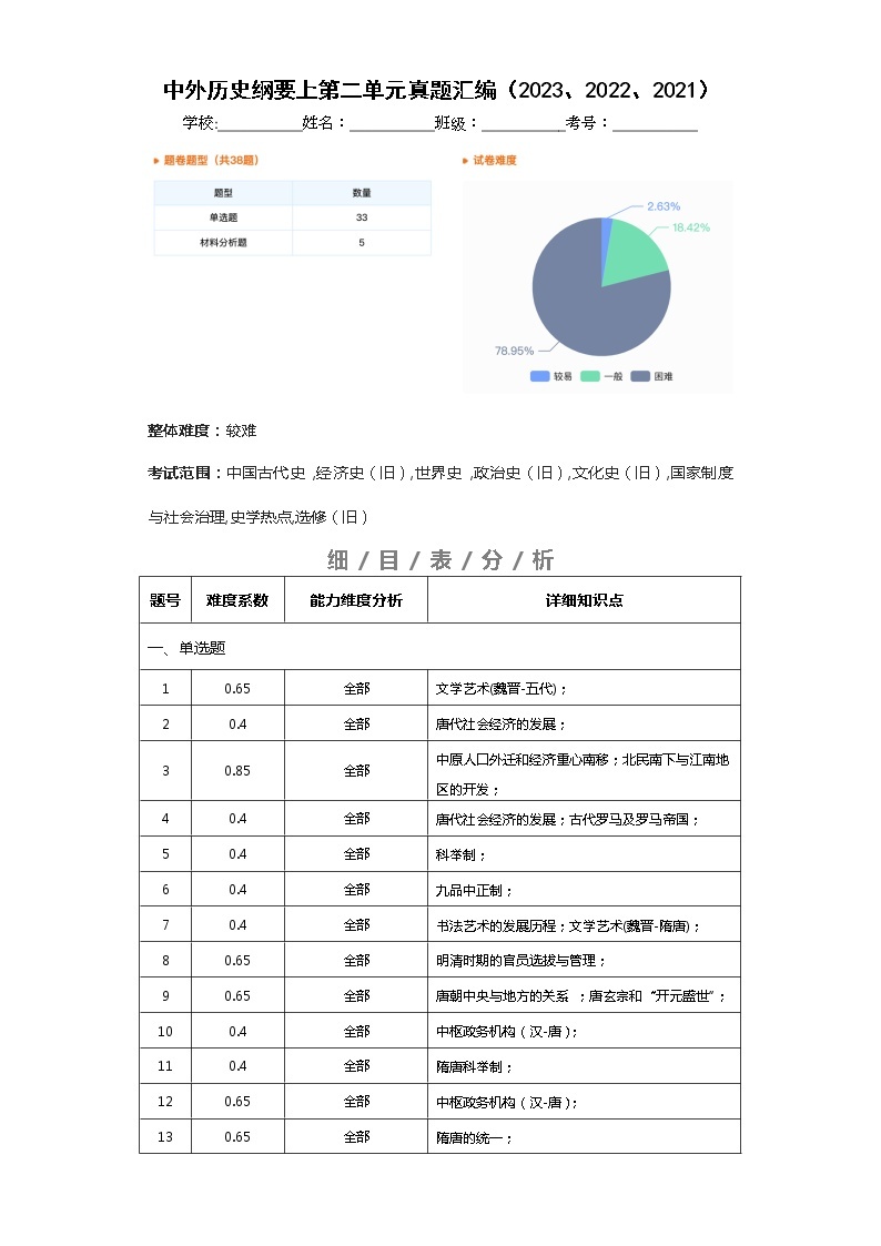 中外历史中外历史纲要上 第2单元——2021-2023年高考历史真题单元汇编 （学生版+解析版）01