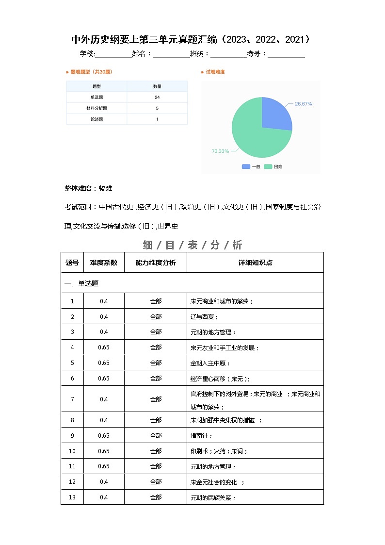 中外历史中外历史纲要上 第3单元——2021-2023年高考历史真题单元汇编 （学生版+解析版）01