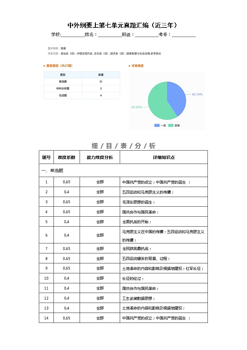 中外历史中外历史纲要上 第7单元——2021-2023年高考历史真题单元汇编 （学生版+解析版）01