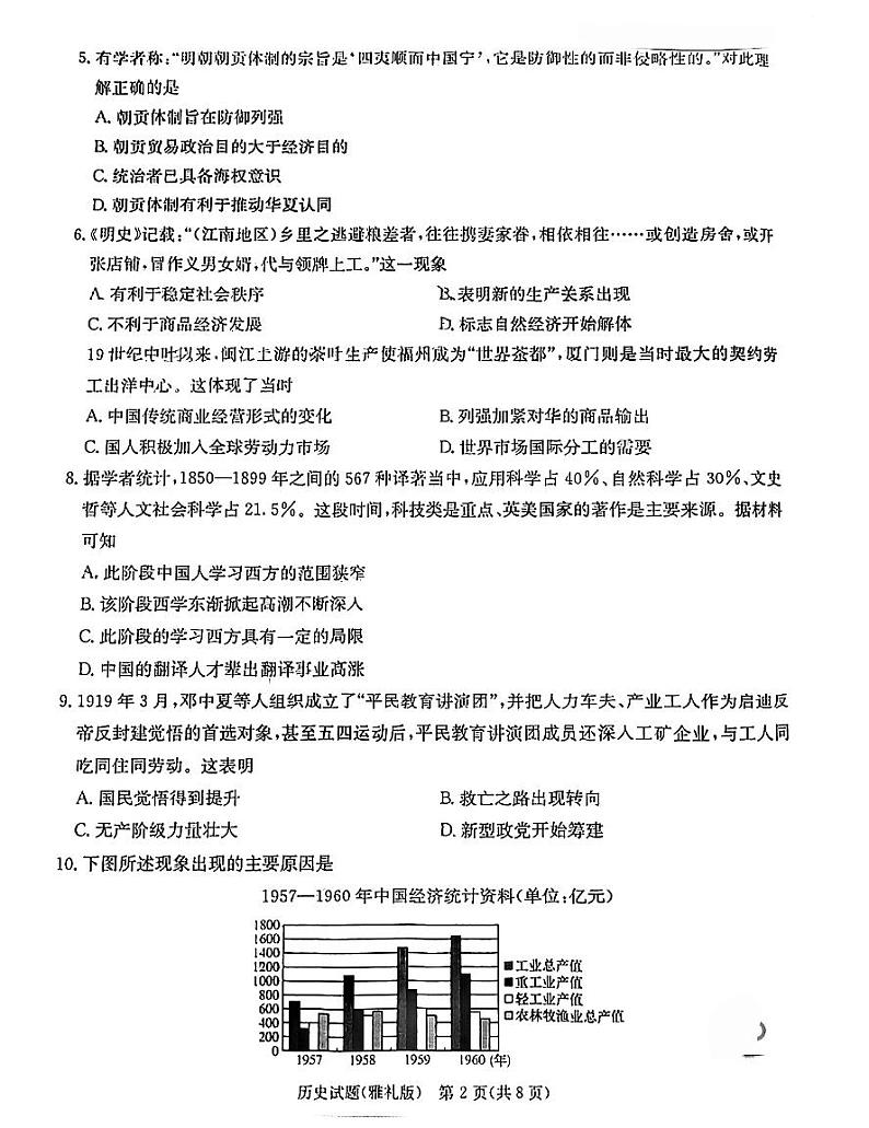 2023长沙雅礼中学高三下学期月考试卷（七）历史试卷PDF版含答案第2页