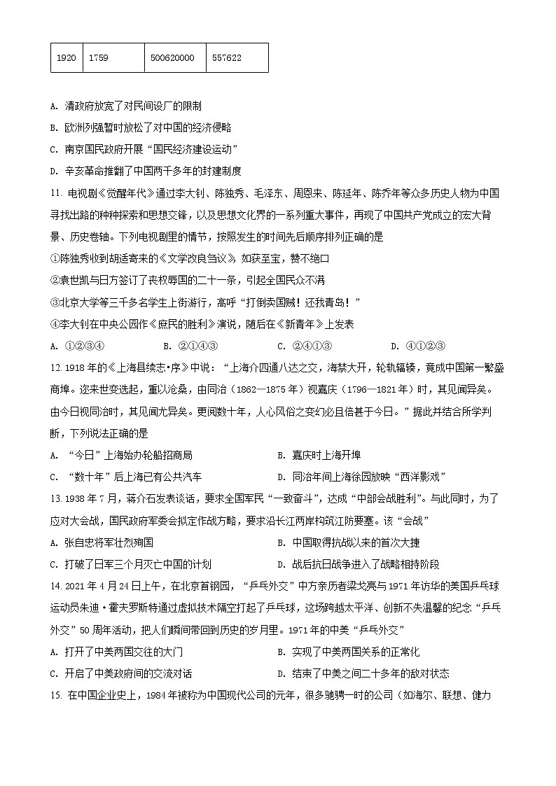 2022金华十校高三下学期4月模拟考试历史试题含解析03