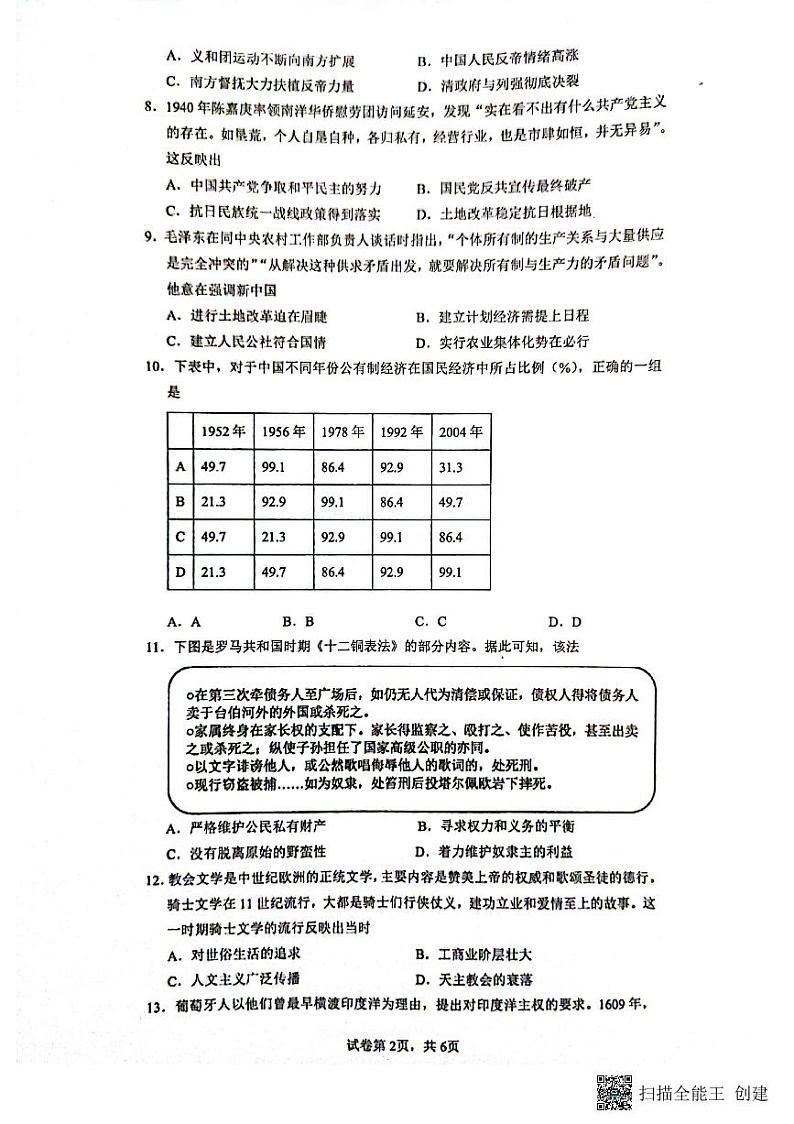 福建省厦门第一中学2022-2023学年高三下学期高考一模历史试题02