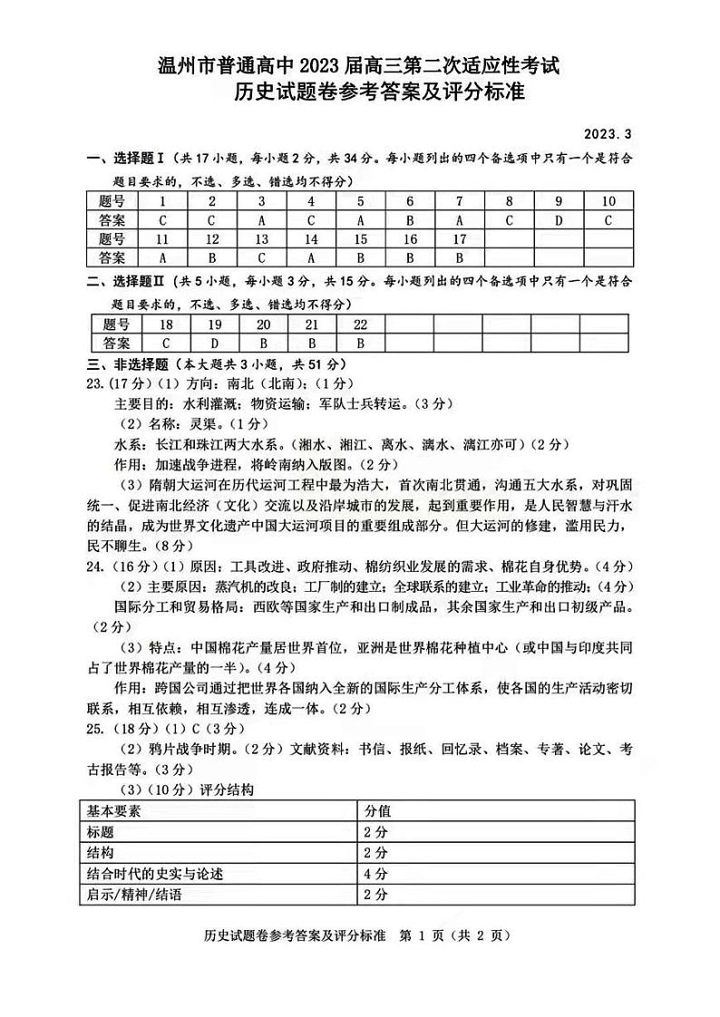 浙江省温州市普通高中2023届高三二模历史试题01