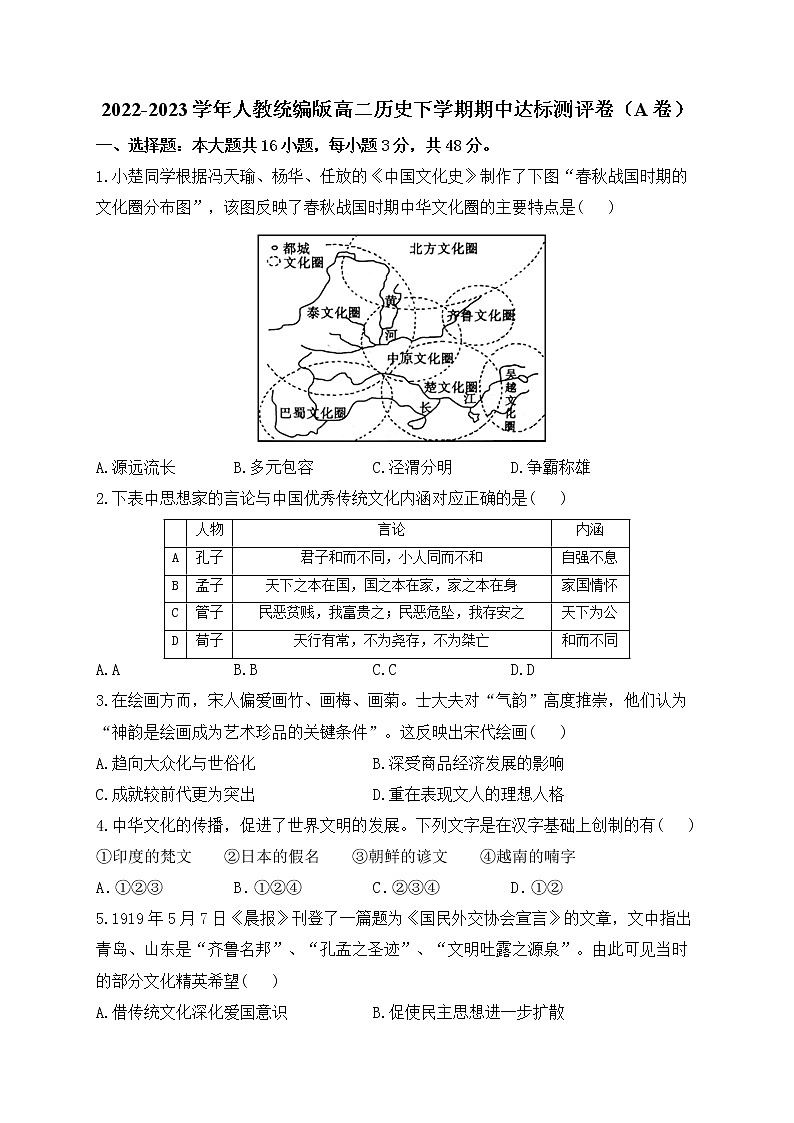 湖南省衡阳市衡阳县第二中学2022-2023学年高二下学期期中达标测评历史试卷（A卷）01