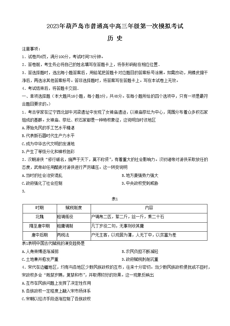 2023葫芦岛普通高中高三下学期一模试题历史含答案01