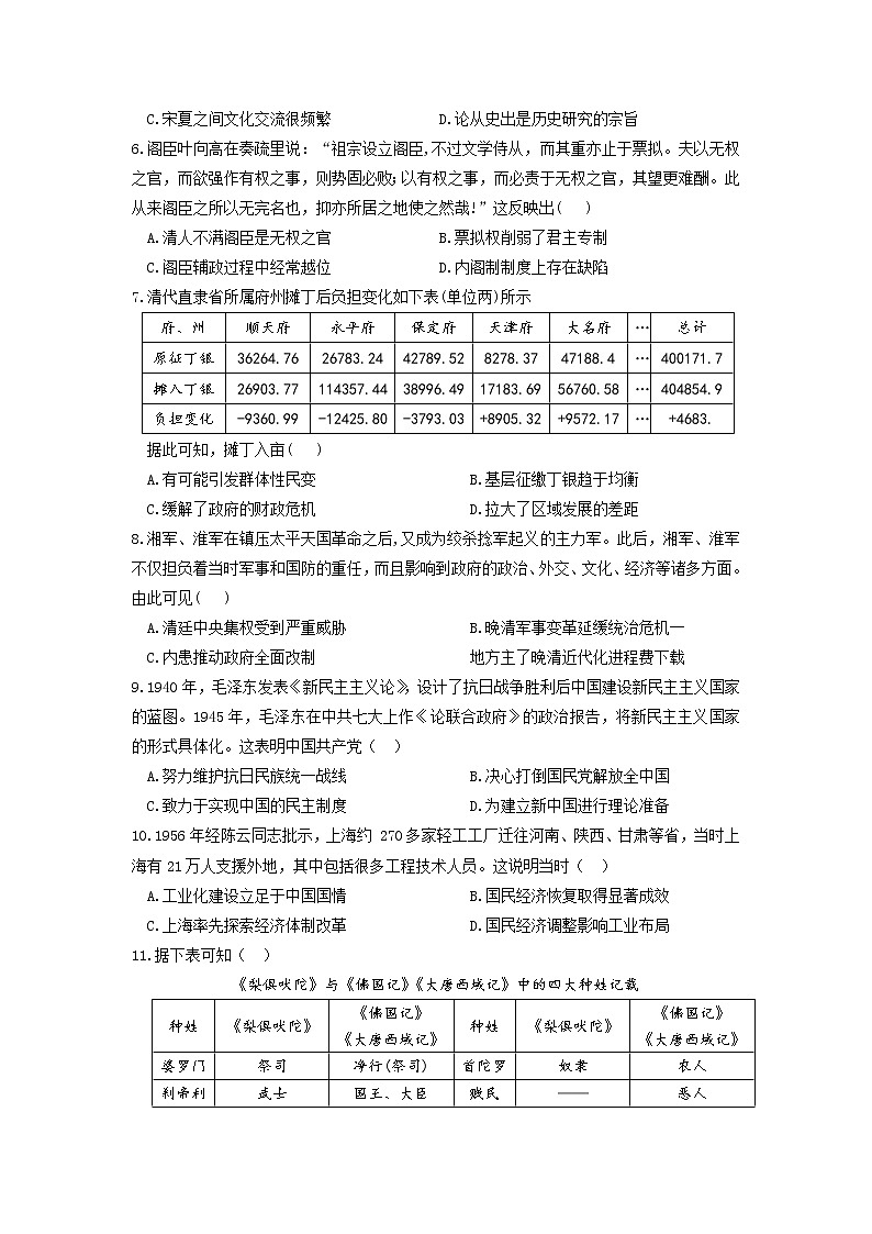 2023常德高三下学期模拟考试历史试题无答案02