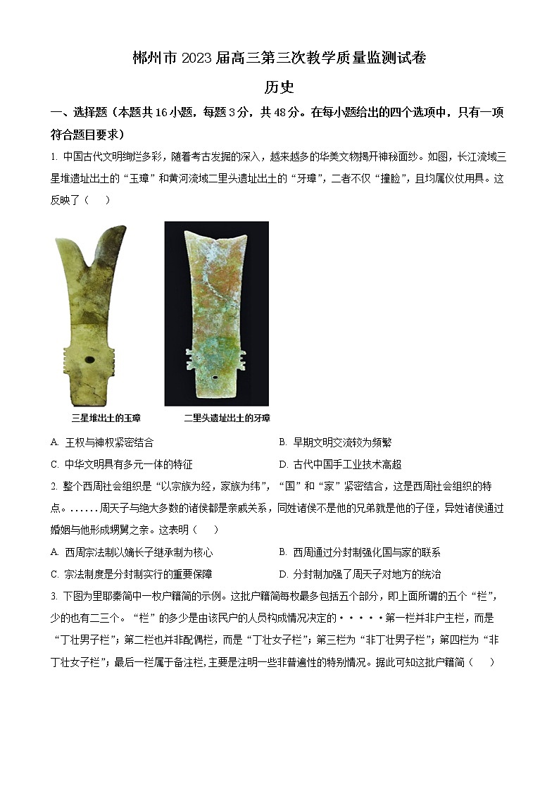2023郴州高三下学期三模历史试题含解析01