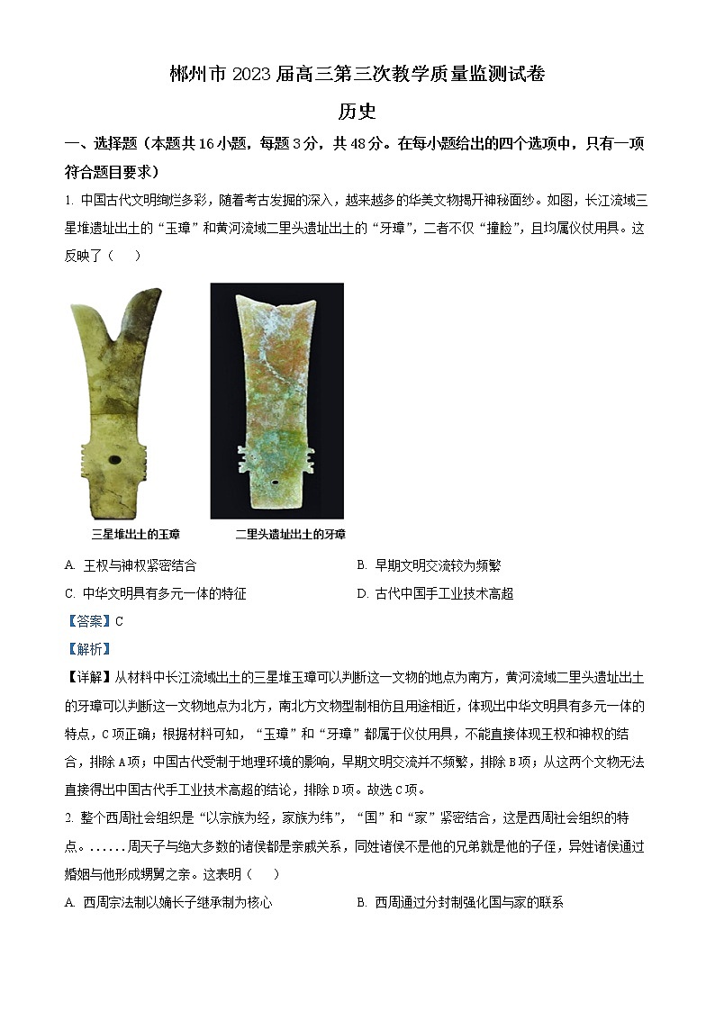 2023郴州高三下学期三模历史试题含解析01