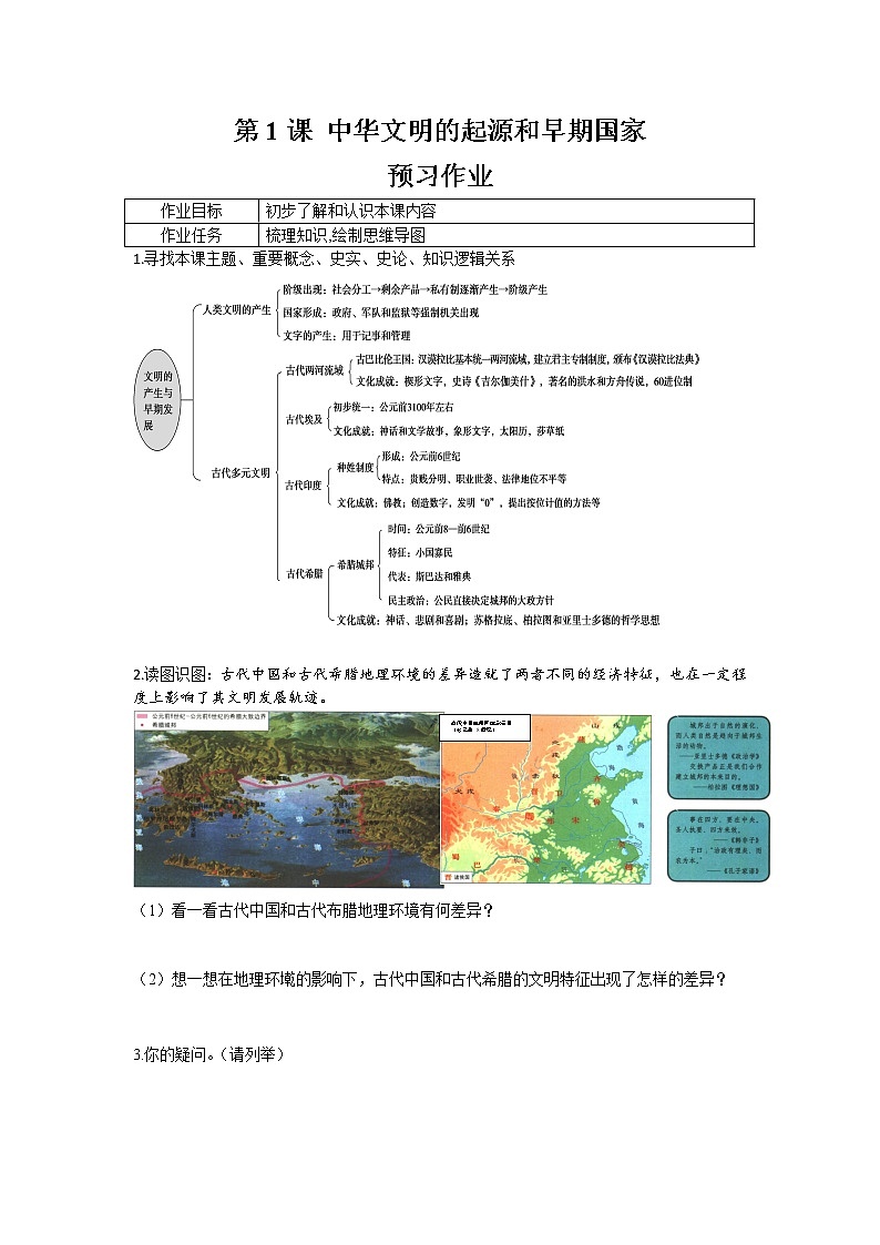 2022-2023学年部编版必修下册：第1课 文明的产生与早期发展 作业第1页