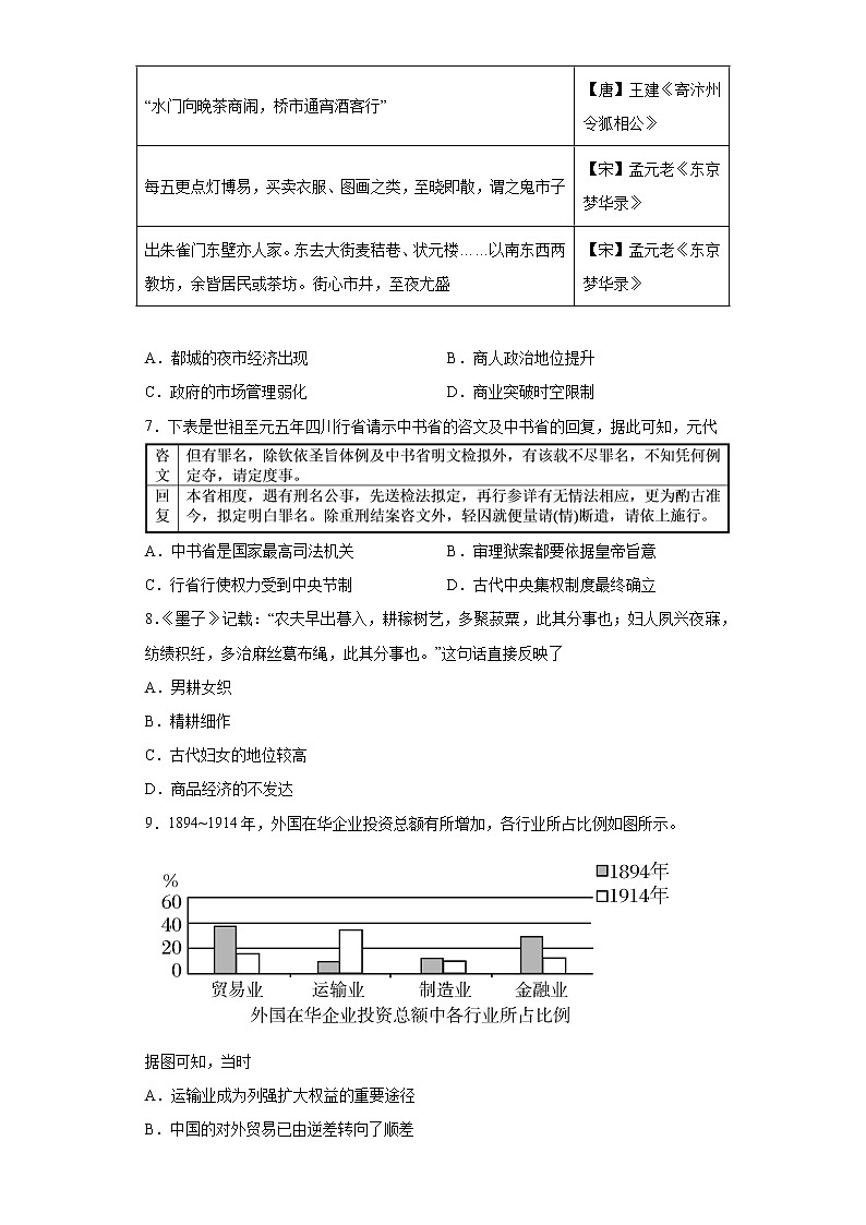2023届山西省吕梁市高级实验中学高三历史三轮复习定时训练（十）历史试题02