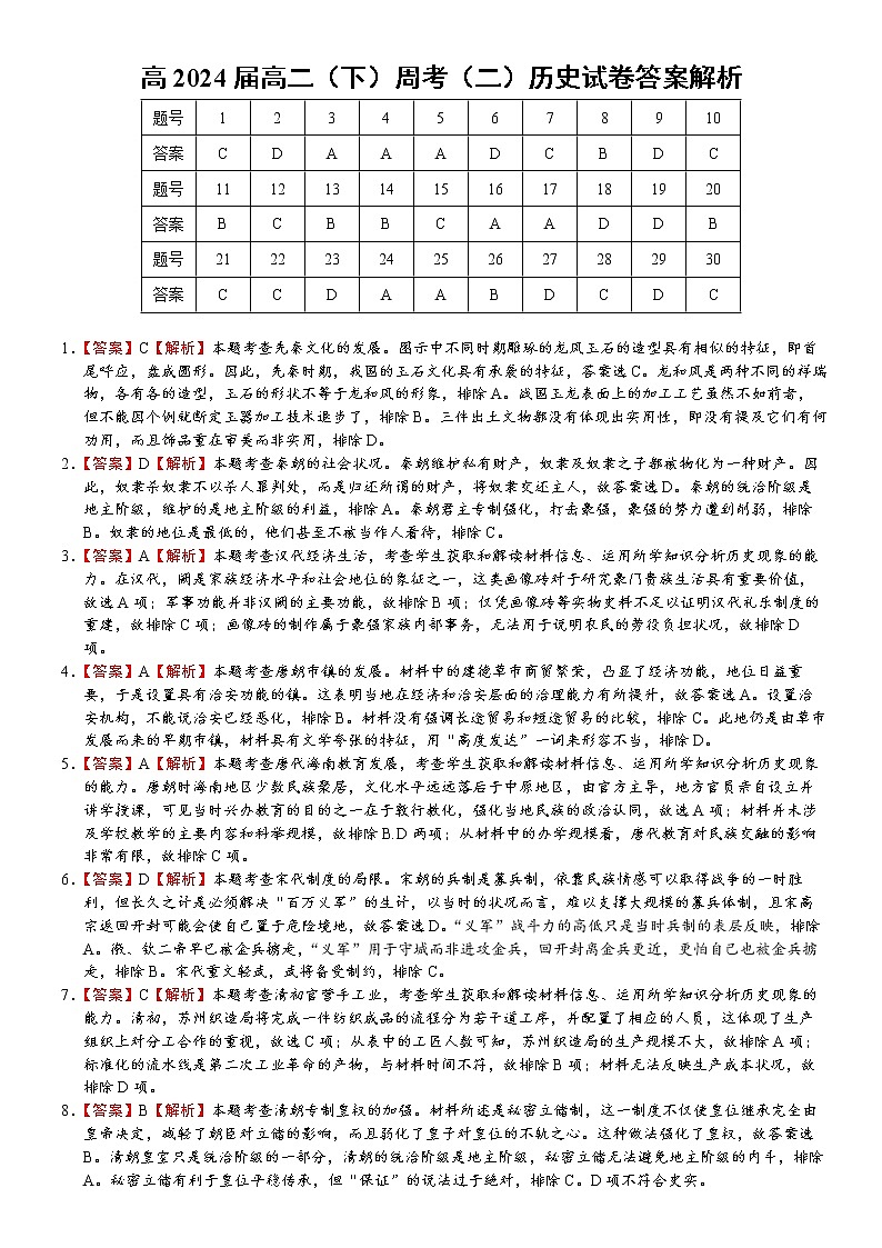 高2024届高二（下）周考（二）历史答案解析第1页