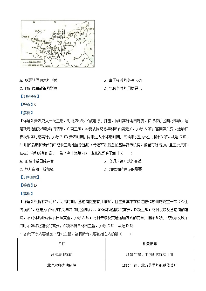 2022届天津市红桥区高三下学期一模 历史（解析版） 试卷02