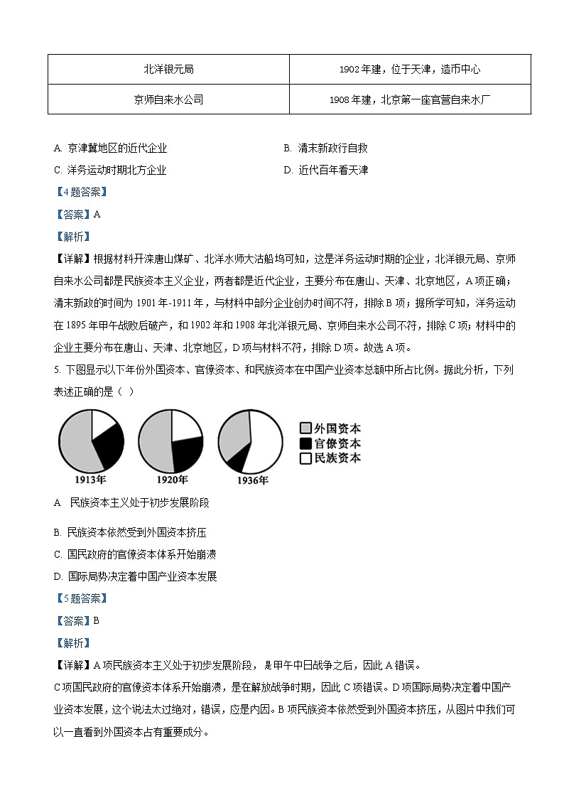 2022届天津市红桥区高三下学期一模 历史（解析版） 试卷03