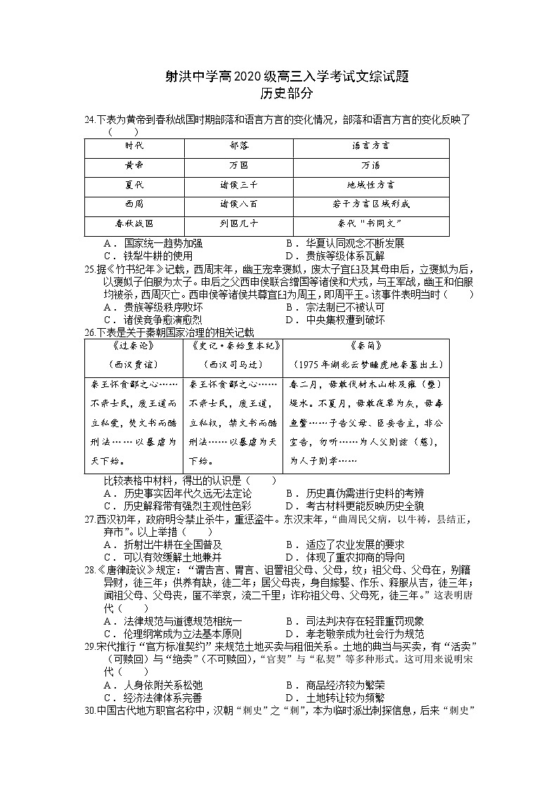 四川省遂宁市射洪中学2022-2023学年高三上学期入学考试  历史试题  Word版含答案第1页