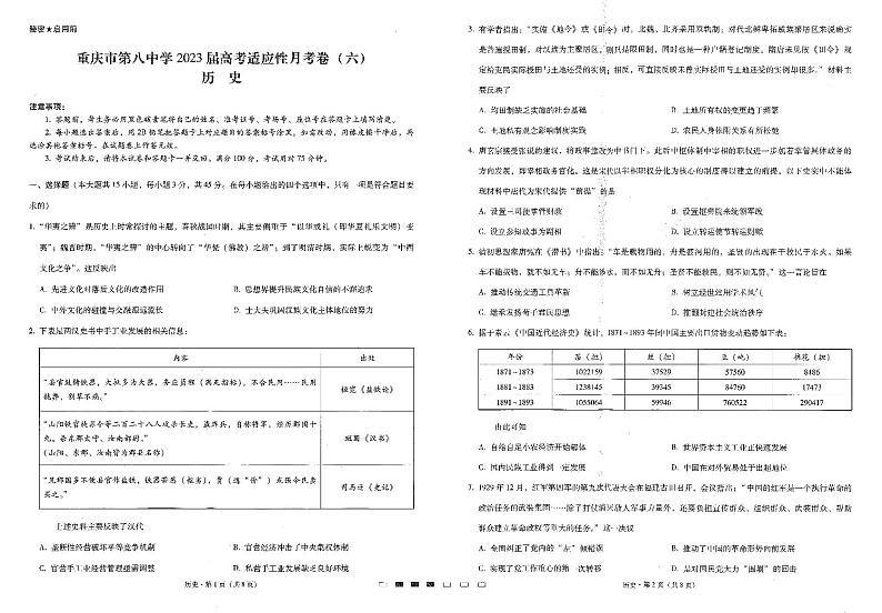 重庆市第八中学校2022-2023学年高三下学期高考适应性月考卷（六）历史试题01