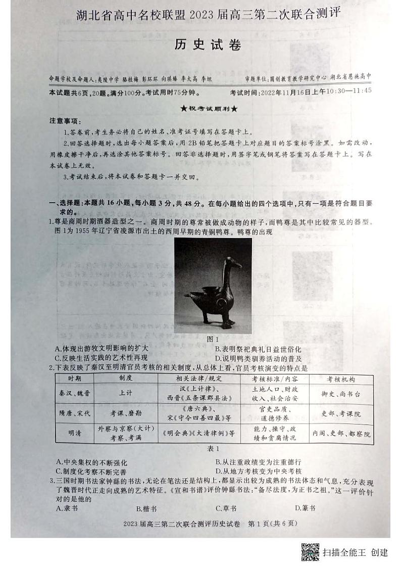 2023届湖北省高中名校联盟高三第二次联合测评历史试卷 PDF版01