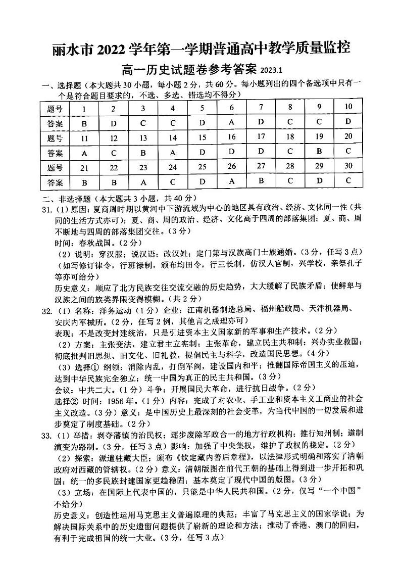丽水市2022学年第一学期普通高中教学质量监控高一历史答案第1页