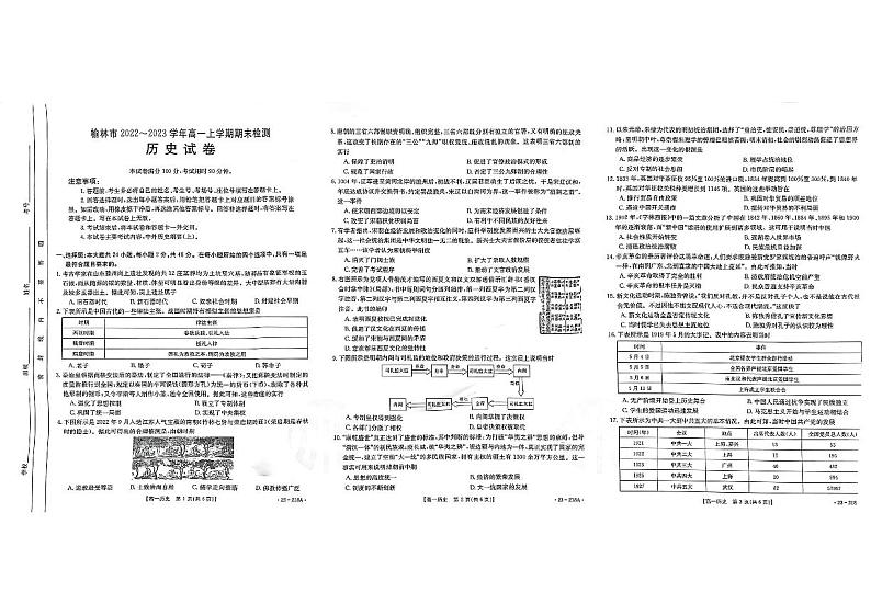 陕西省榆林市2022-2023学年高一上学期教学质量过程性评价历史试卷01