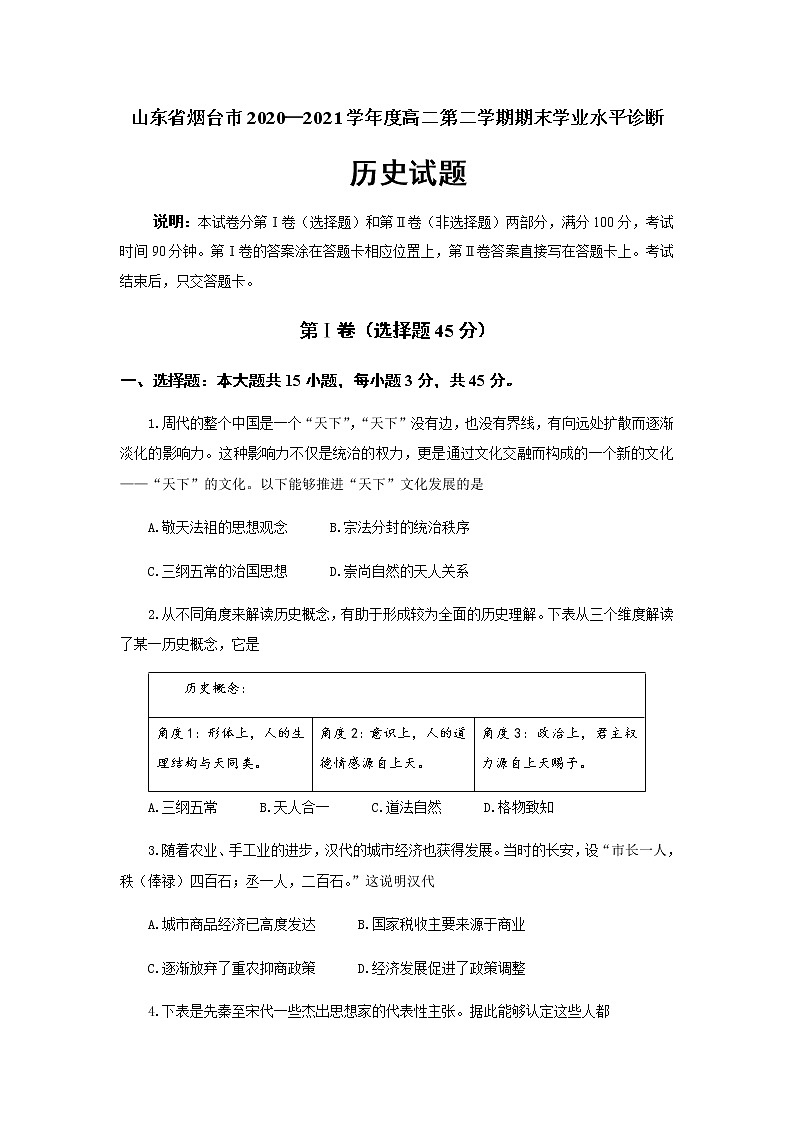 山东省烟台市2020-2021学年高二下学期期末考试历史试题 Word版含答案01