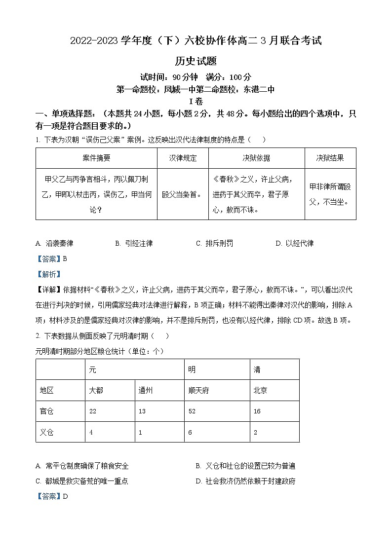 2023辽宁省六校协作体高二下学期3月联考历史试题含解析01