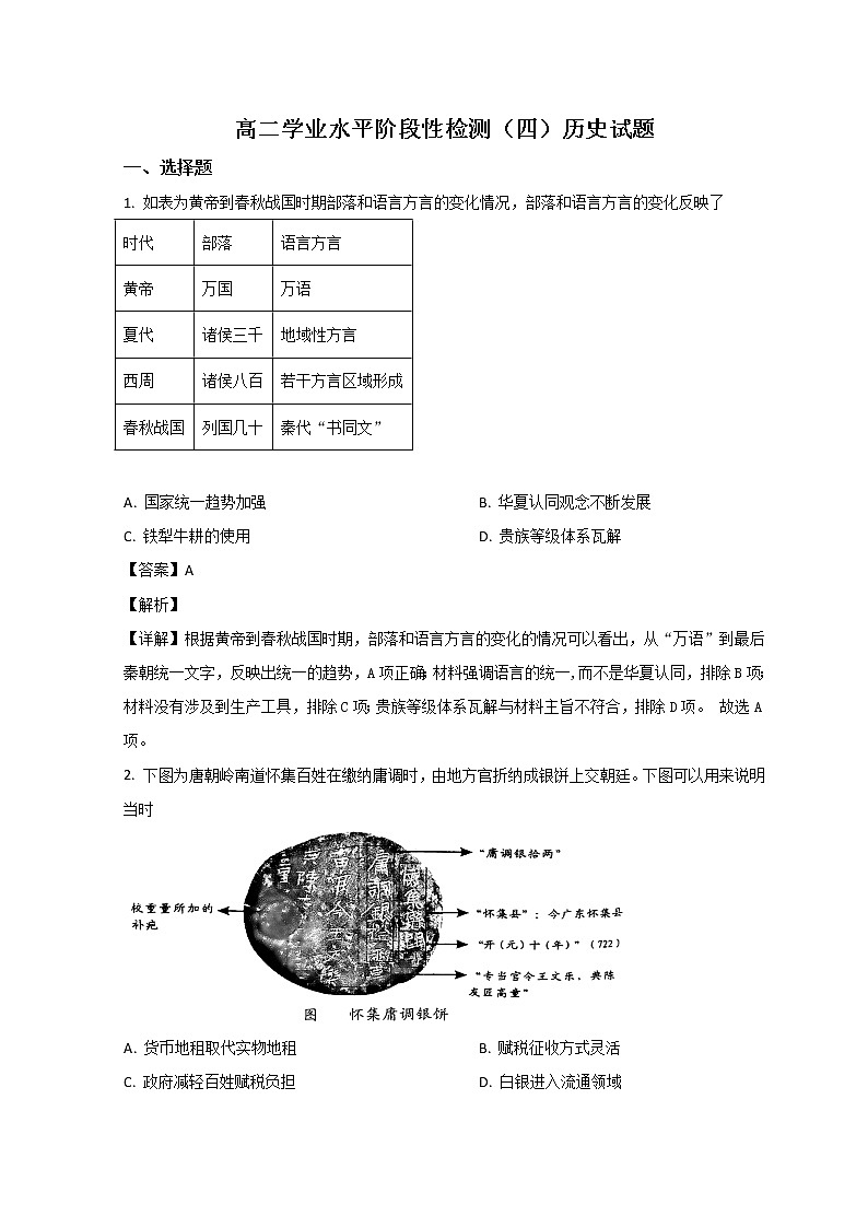 山东省烟台市2021-2022学年高二下学期期末考试历史试题含解析第1页