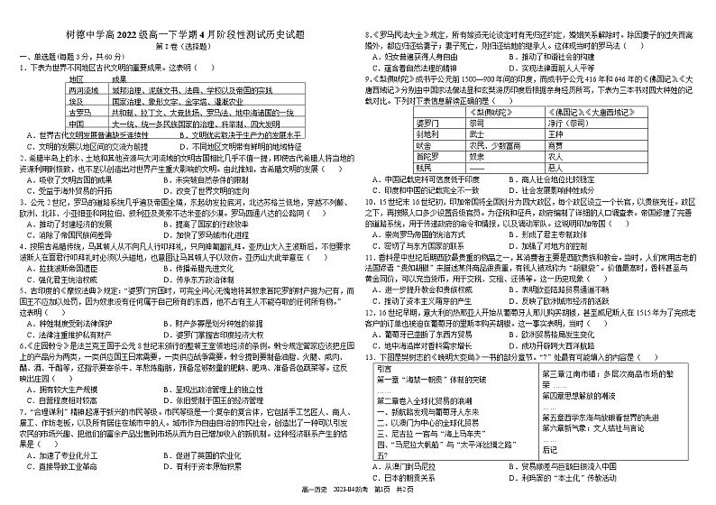 四川省成都市树德中学2022-2023学年高一下学期4月阶段性考试历史试题01