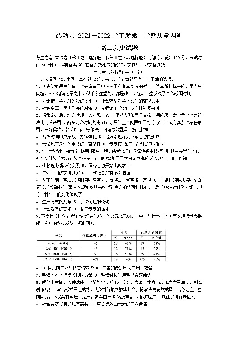 2022-2023学年陕西省咸阳市武功县高二上学期期中质量调研历史试题（Word版）01