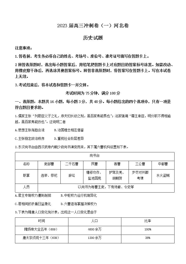 河北省秦皇岛市青龙县实验中学2023届高三下学期冲刺（一）历史试题01