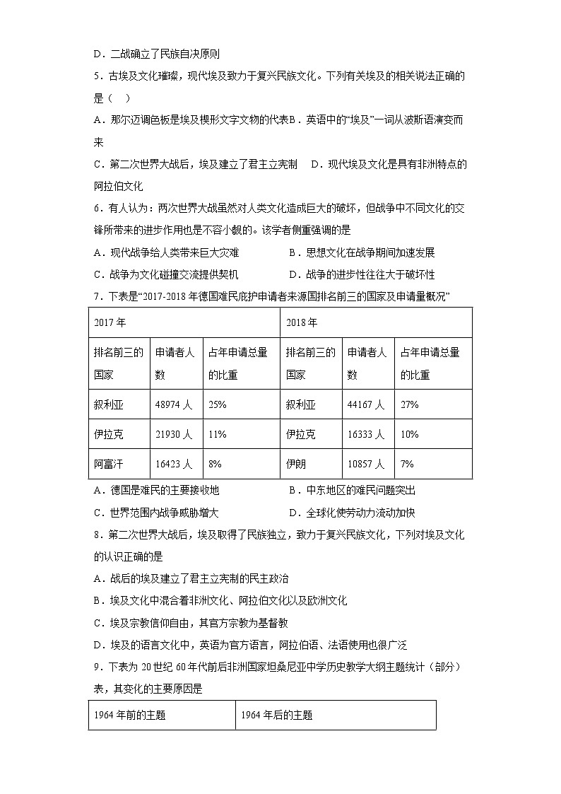 第13课  现代战争与不同文化的碰撞和交流 同步练习--2022-2023学年统编版（2019）高中历史选择性必修302