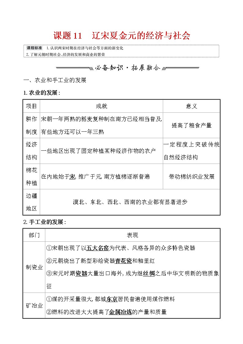 高考历史一轮复习课题11 辽宋夏金元的经济与社会 教案 (含详解)01