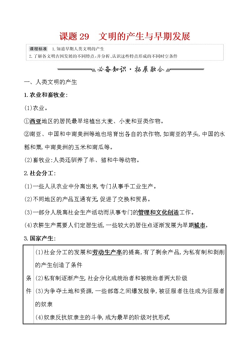 高考历史一轮复习课题29 文明的产生与早期发展 教案 (含详解)第1页
