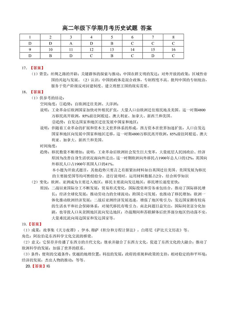 吉林省长春市第二实验中学2022-2023学年高二下学期4月月考历史参考答案第1页