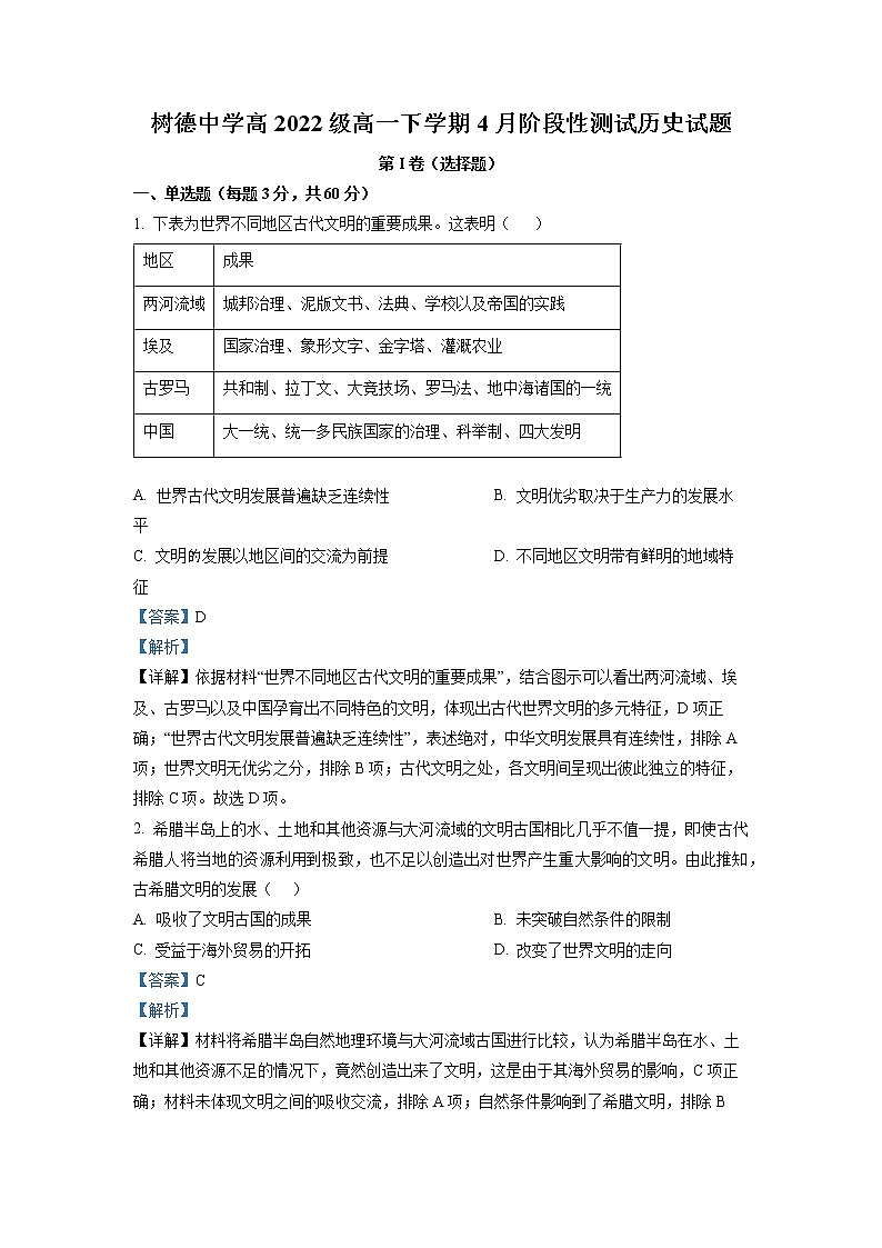 四川省成都市树德中学2022-2023学年高一历史下学期4月月考试题（Word版附解析）01